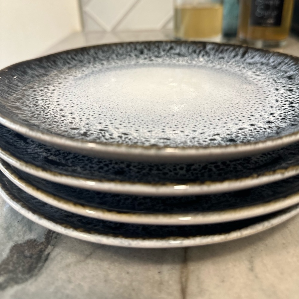 West Elm 4 salad plates. Reactive glaze black. Made in Portugal